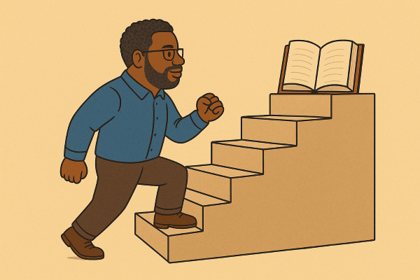 James Porter Walking upstairs to an open book
